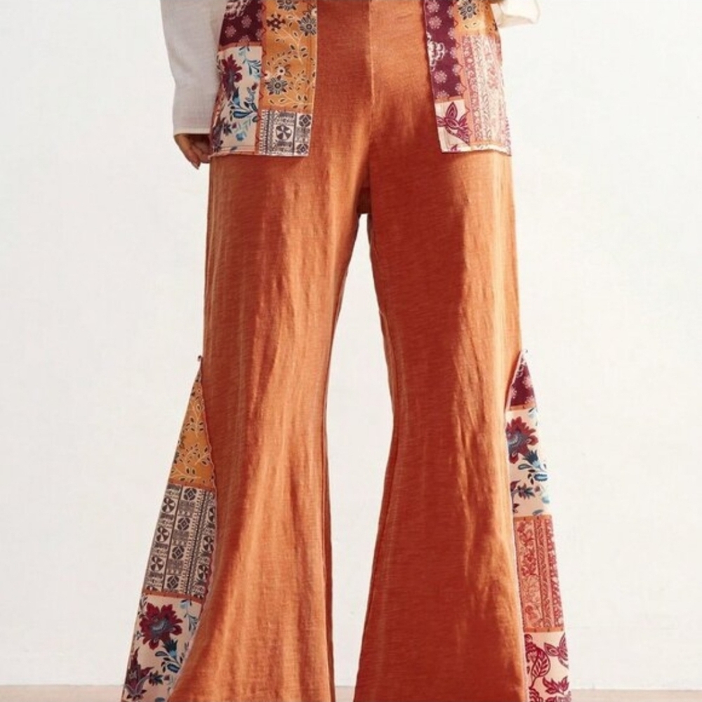 Orange Boho Women's Casual Knit Patchwork Flare Washed Pants - Picture 6 of 8